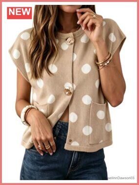 Women Cap Sleeve Polka Dot Cropped Knit Cardigan Sweater